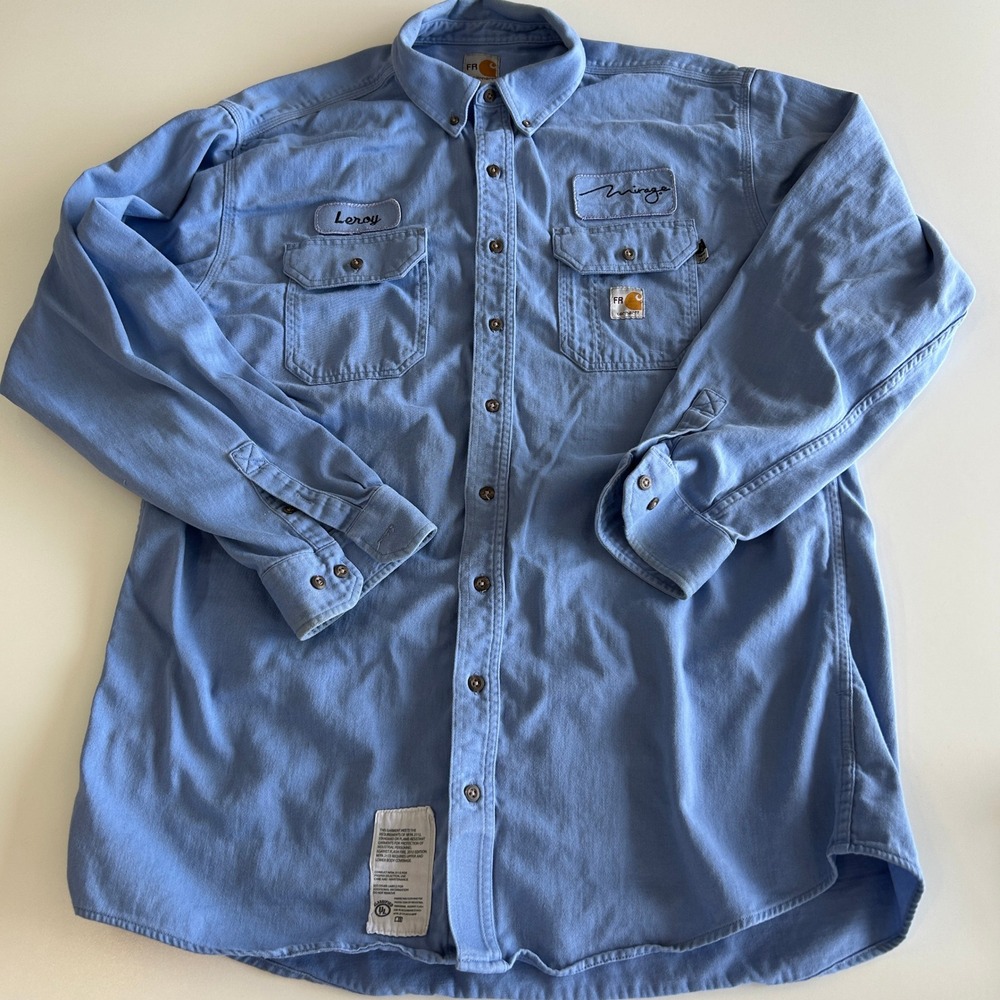 Carhartt FR Mens Flame Resistant Work Shirt Blue XL Leroy Mirage Patch 294-60